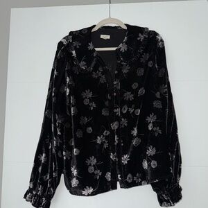Black floral velvet button up blouse from Anthropologie (Pilcro)